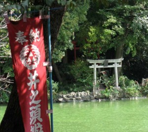 Temple flag and Shrine Torii gate